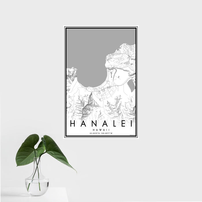 16x24 Hanalei Hawaii Map Print Portrait Orientation in Classic Style With Tropical Plant Leaves in Water