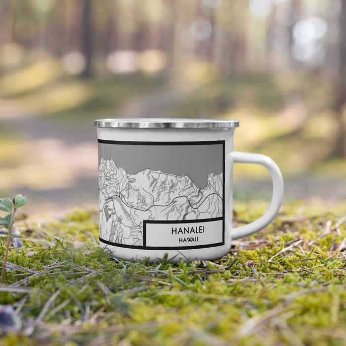 Right View Custom Hanalei Hawaii Map Enamel Mug in Classic on Grass With Trees in Background