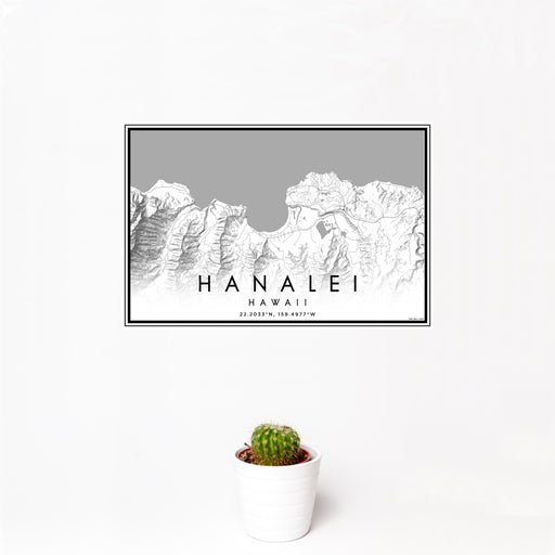 12x18 Hanalei Hawaii Map Print Landscape Orientation in Classic Style With Small Cactus Plant in White Planter