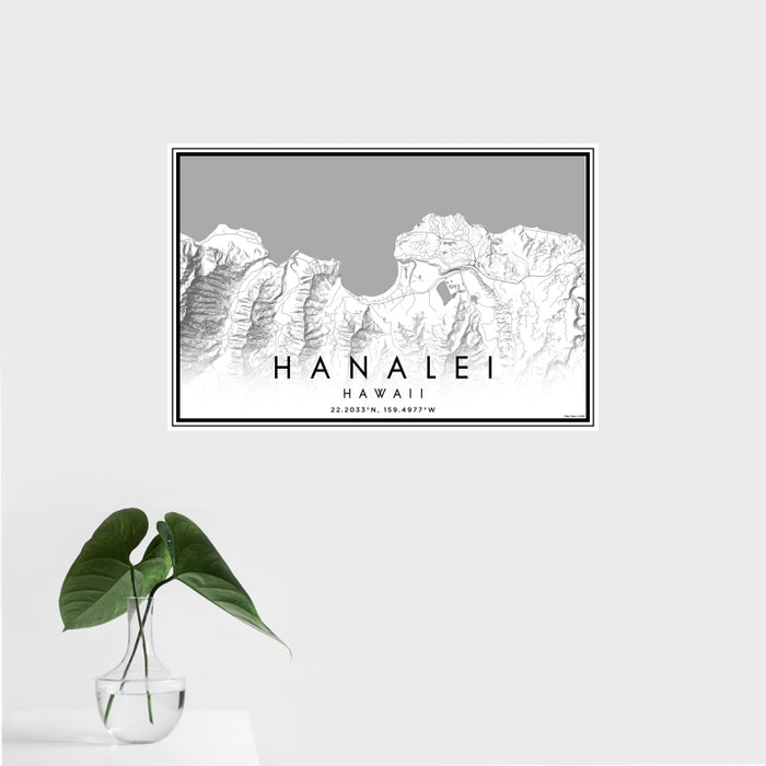 16x24 Hanalei Hawaii Map Print Landscape Orientation in Classic Style With Tropical Plant Leaves in Water