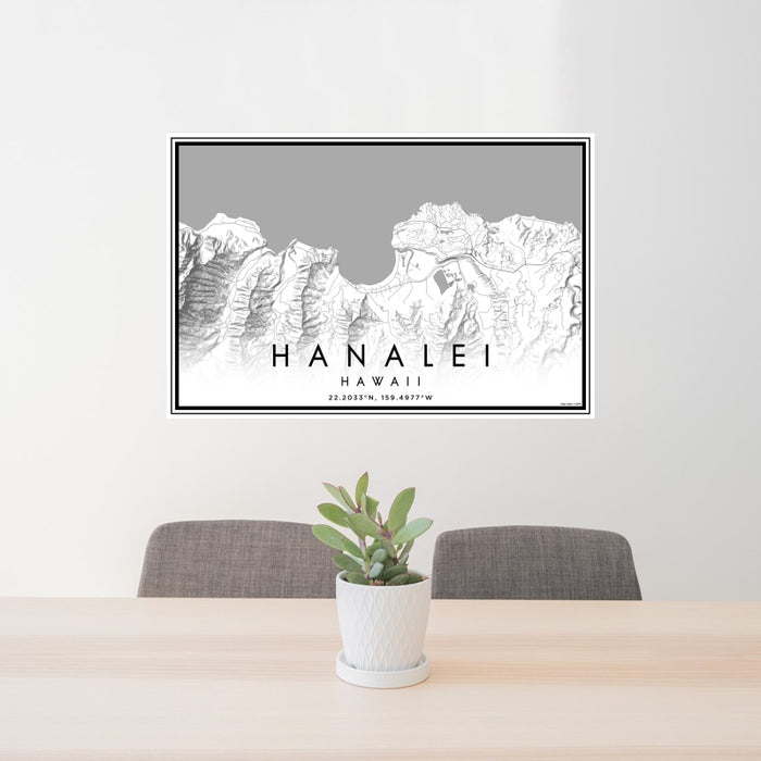 24x36 Hanalei Hawaii Map Print Landscape Orientation in Classic Style Behind 2 Chairs Table and Potted Plant