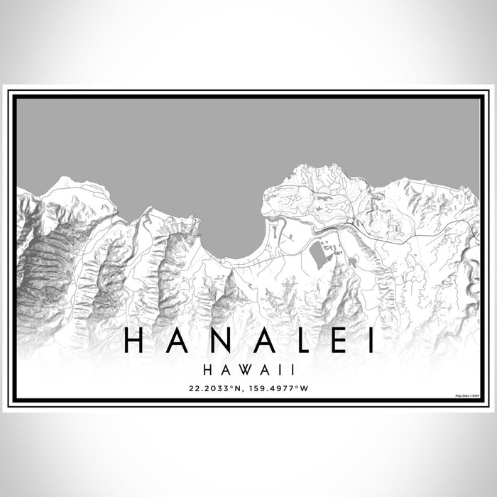 Hanalei Hawaii Map Print Landscape Orientation in Classic Style With Shaded Background