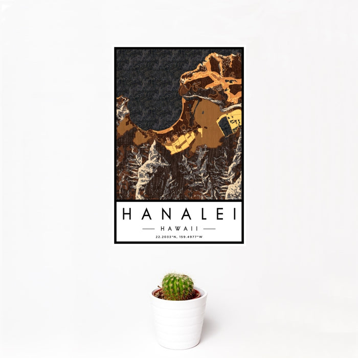 12x18 Hanalei Hawaii Map Print Portrait Orientation in Ember Style With Small Cactus Plant in White Planter