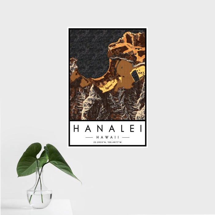 16x24 Hanalei Hawaii Map Print Portrait Orientation in Ember Style With Tropical Plant Leaves in Water
