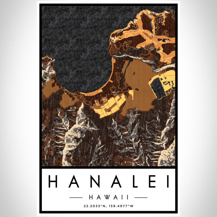 Hanalei Hawaii Map Print Portrait Orientation in Ember Style With Shaded Background
