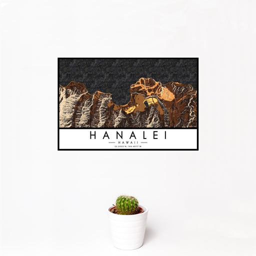 12x18 Hanalei Hawaii Map Print Landscape Orientation in Ember Style With Small Cactus Plant in White Planter