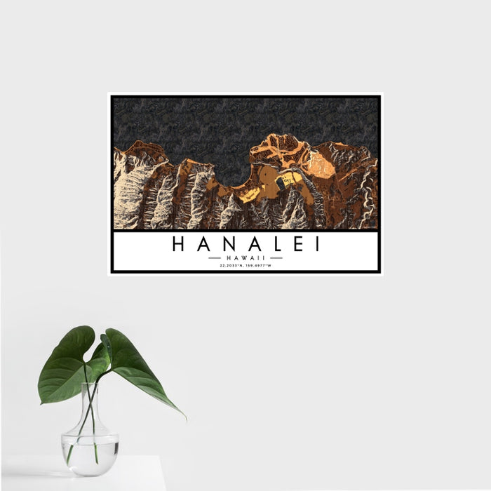 16x24 Hanalei Hawaii Map Print Landscape Orientation in Ember Style With Tropical Plant Leaves in Water