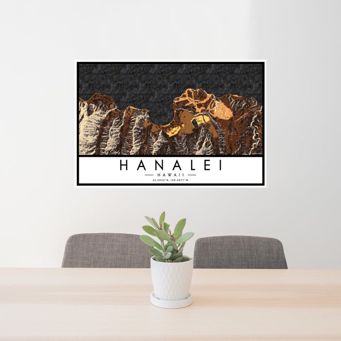 24x36 Hanalei Hawaii Map Print Landscape Orientation in Ember Style Behind 2 Chairs Table and Potted Plant
