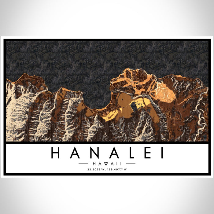 Hanalei Hawaii Map Print Landscape Orientation in Ember Style With Shaded Background