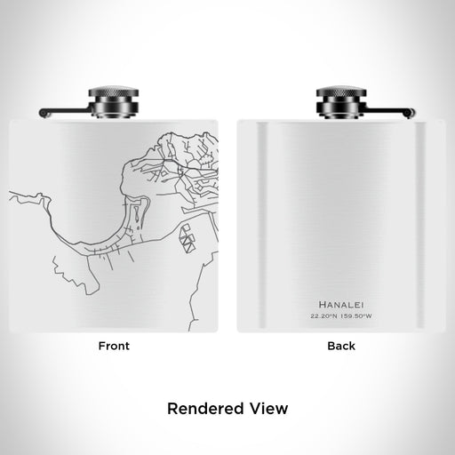 Rendered View of Hanalei Hawaii Map Engraving on 6oz Stainless Steel Flask in White