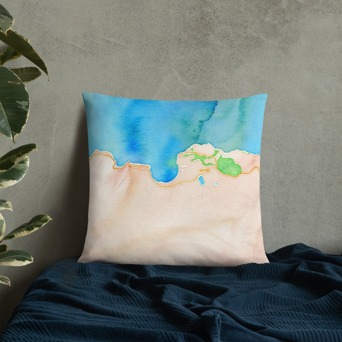 Custom Hanalei Hawaii Map Throw Pillow in Watercolor on Bedding Against Wall