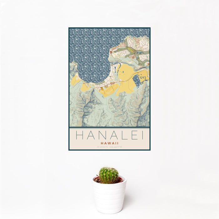 12x18 Hanalei Hawaii Map Print Portrait Orientation in Woodblock Style With Small Cactus Plant in White Planter
