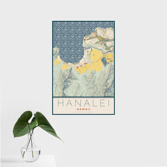 16x24 Hanalei Hawaii Map Print Portrait Orientation in Woodblock Style With Tropical Plant Leaves in Water