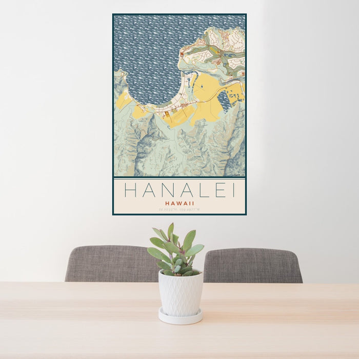 24x36 Hanalei Hawaii Map Print Portrait Orientation in Woodblock Style Behind 2 Chairs Table and Potted Plant