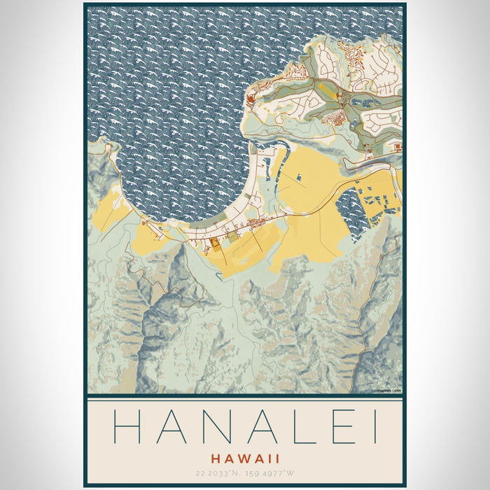 Hanalei Hawaii Map Print Portrait Orientation in Woodblock Style With Shaded Background