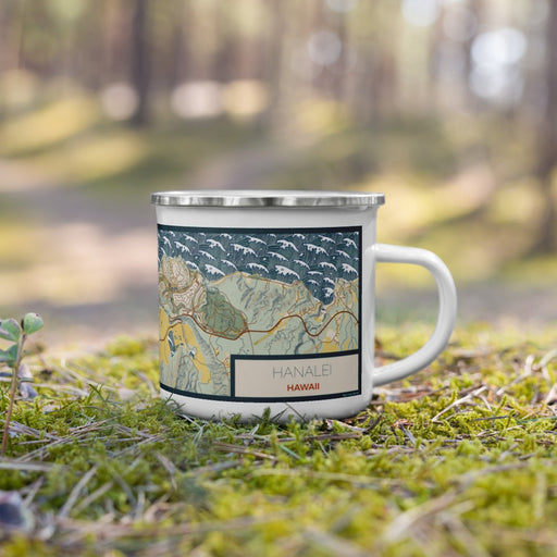 Right View Custom Hanalei Hawaii Map Enamel Mug in Woodblock on Grass With Trees in Background