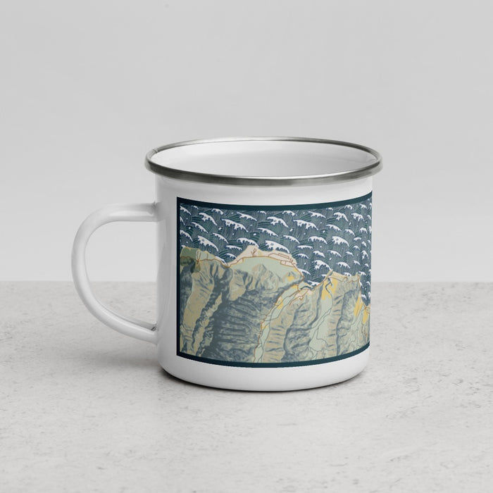 Left View Custom Hanalei Hawaii Map Enamel Mug in Woodblock