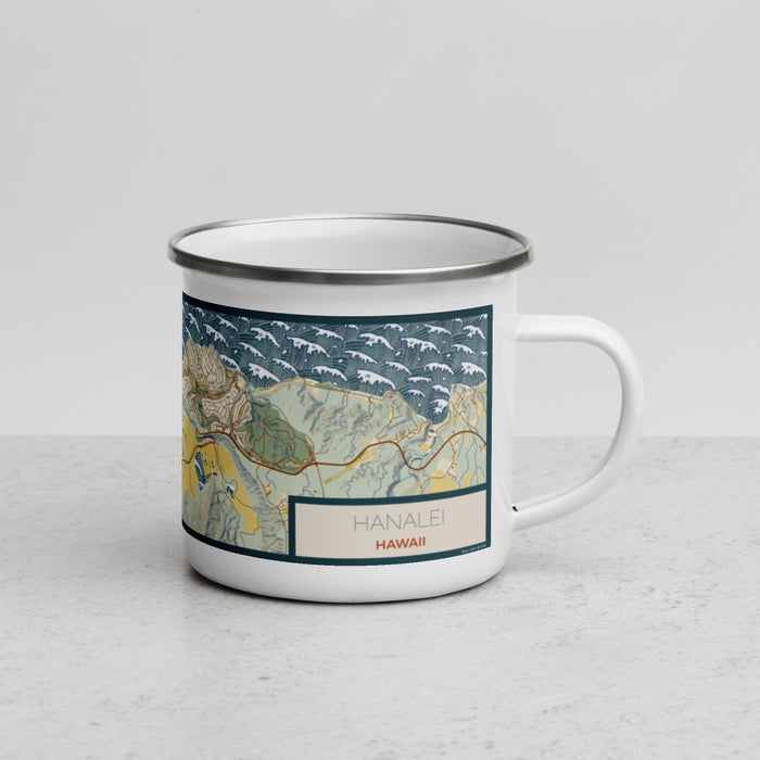 Right View Custom Hanalei Hawaii Map Enamel Mug in Woodblock