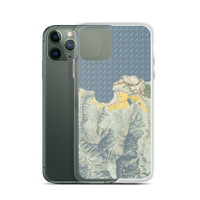Custom Hanalei Hawaii Map Phone Case in Woodblock on Table with Laptop and Plant