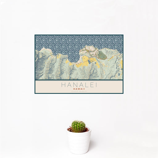 12x18 Hanalei Hawaii Map Print Landscape Orientation in Woodblock Style With Small Cactus Plant in White Planter