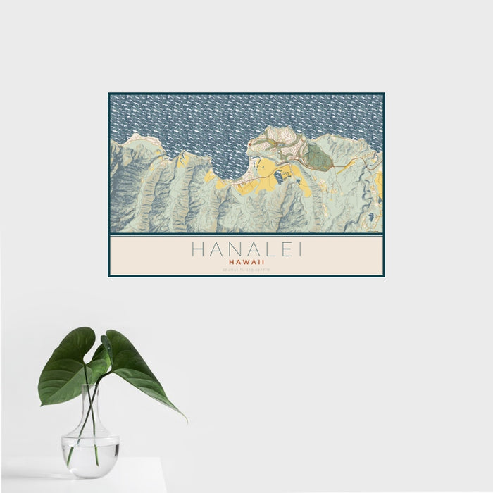 16x24 Hanalei Hawaii Map Print Landscape Orientation in Woodblock Style With Tropical Plant Leaves in Water