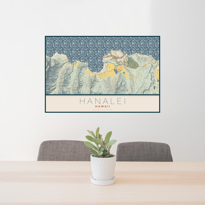 24x36 Hanalei Hawaii Map Print Landscape Orientation in Woodblock Style Behind 2 Chairs Table and Potted Plant