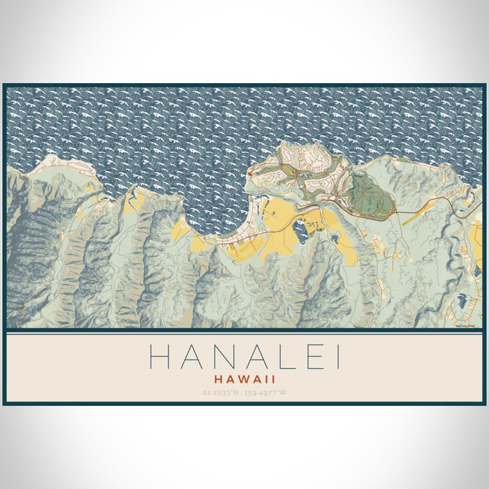 Hanalei Hawaii Map Print Landscape Orientation in Woodblock Style With Shaded Background