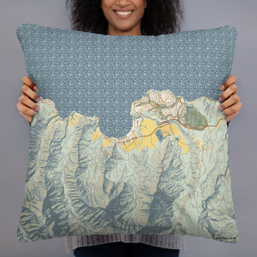 Person holding 22x22 Custom Hanalei Hawaii Map Throw Pillow in Woodblock