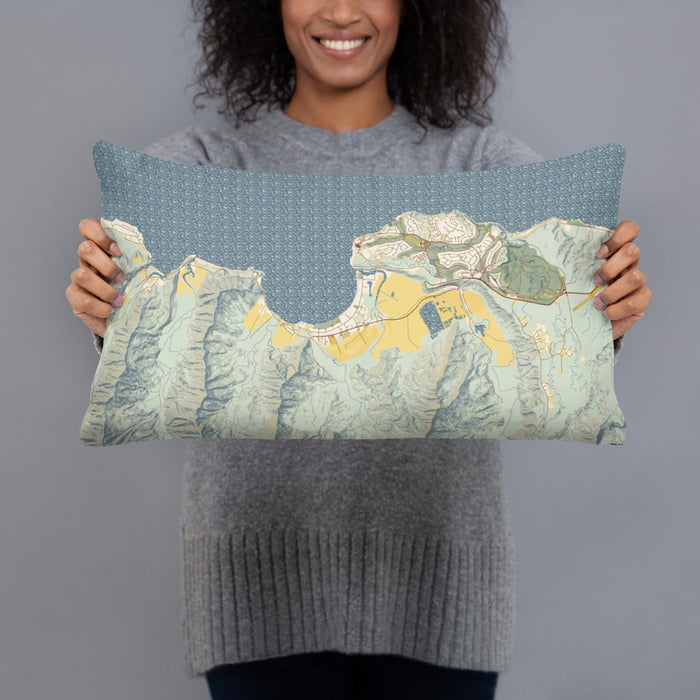 Person holding 20x12 Custom Hanalei Hawaii Map Throw Pillow in Woodblock