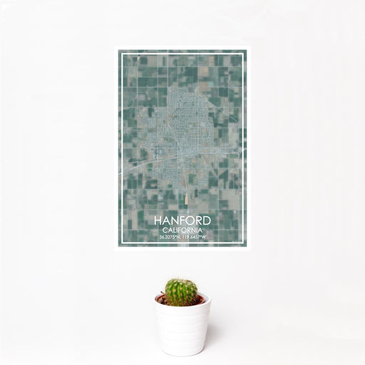 12x18 Hanford California Map Print Portrait Orientation in Afternoon Style With Small Cactus Plant in White Planter