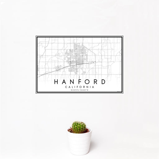 12x18 Hanford California Map Print Landscape Orientation in Classic Style With Small Cactus Plant in White Planter