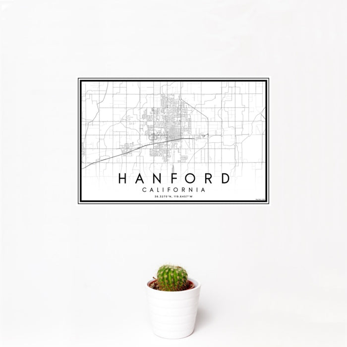 12x18 Hanford California Map Print Landscape Orientation in Classic Style With Small Cactus Plant in White Planter