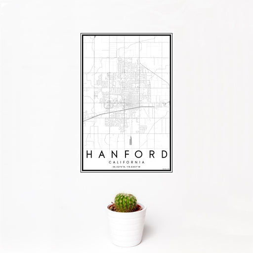 12x18 Hanford California Map Print Portrait Orientation in Classic Style With Small Cactus Plant in White Planter