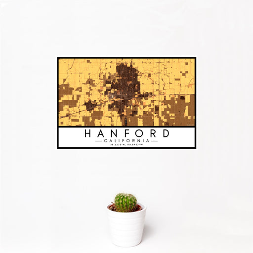 12x18 Hanford California Map Print Landscape Orientation in Ember Style With Small Cactus Plant in White Planter
