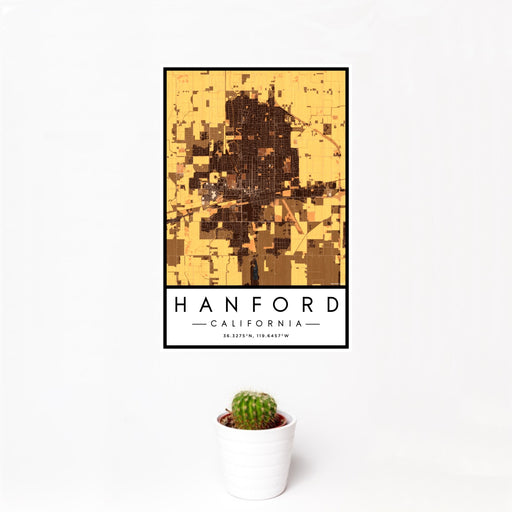12x18 Hanford California Map Print Portrait Orientation in Ember Style With Small Cactus Plant in White Planter