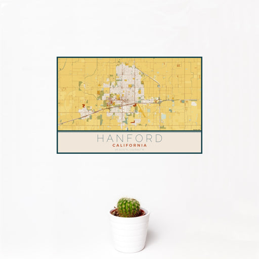 12x18 Hanford California Map Print Landscape Orientation in Woodblock Style With Small Cactus Plant in White Planter
