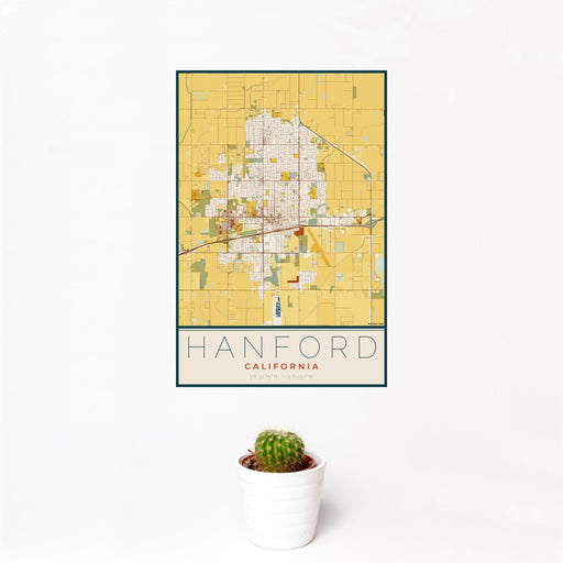 12x18 Hanford California Map Print Portrait Orientation in Woodblock Style With Small Cactus Plant in White Planter