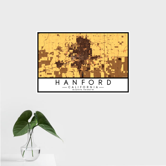 16x24 Hanford California Map Print Landscape Orientation in Ember Style With Tropical Plant Leaves in Water