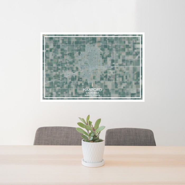 24x36 Hanford California Map Print Lanscape Orientation in Afternoon Style Behind 2 Chairs Table and Potted Plant