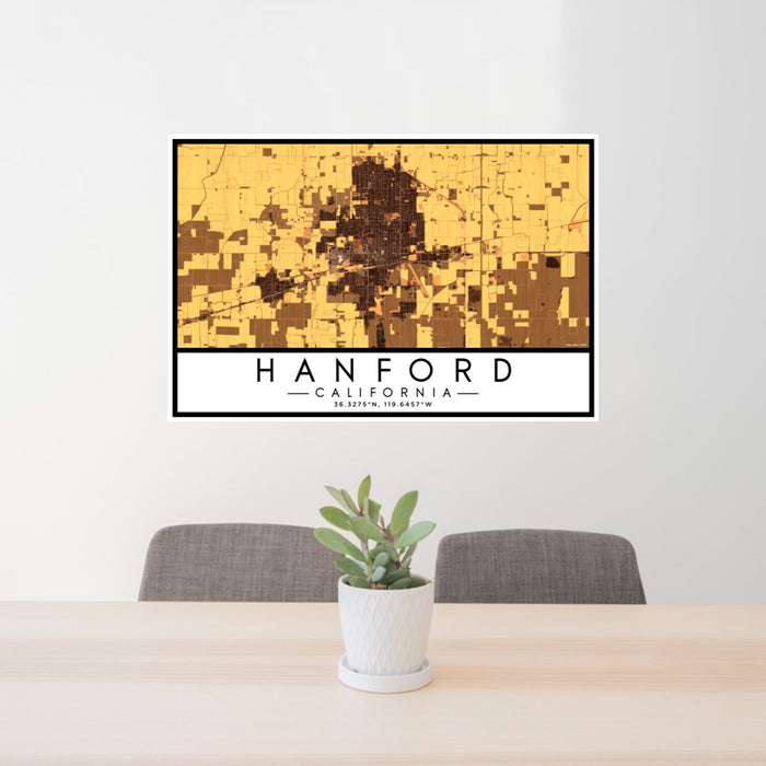 24x36 Hanford California Map Print Lanscape Orientation in Ember Style Behind 2 Chairs Table and Potted Plant