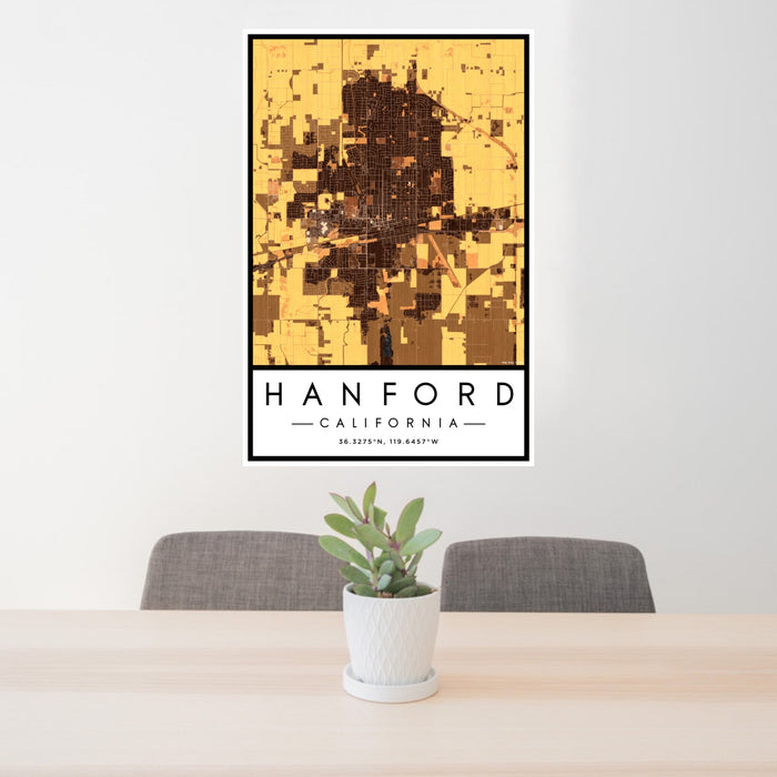 24x36 Hanford California Map Print Portrait Orientation in Ember Style Behind 2 Chairs Table and Potted Plant