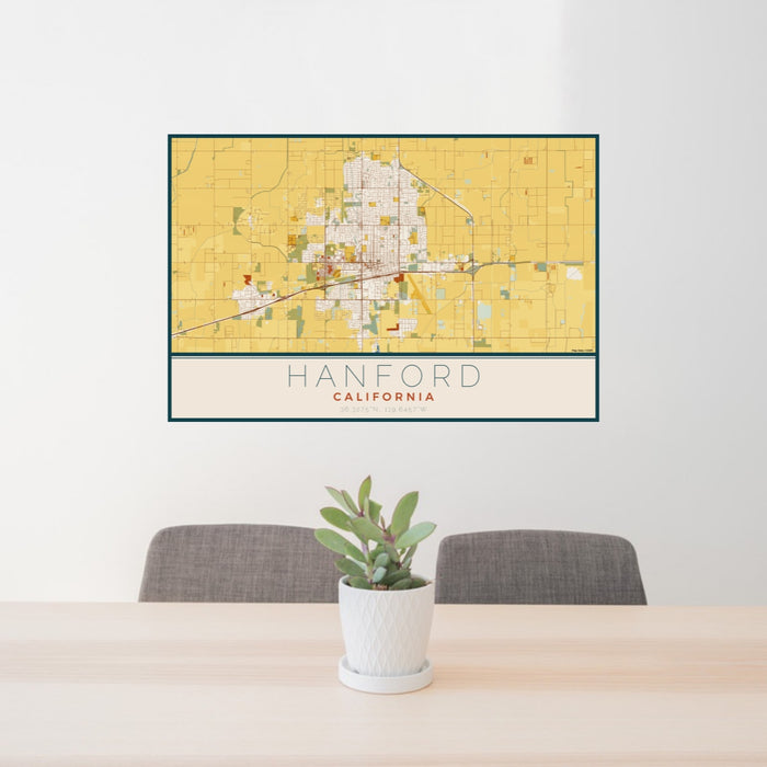 24x36 Hanford California Map Print Lanscape Orientation in Woodblock Style Behind 2 Chairs Table and Potted Plant