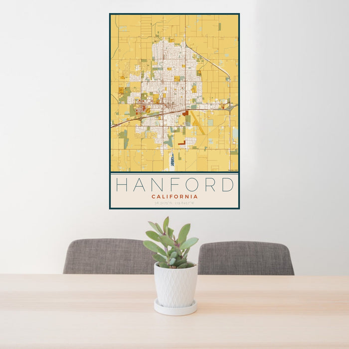 24x36 Hanford California Map Print Portrait Orientation in Woodblock Style Behind 2 Chairs Table and Potted Plant