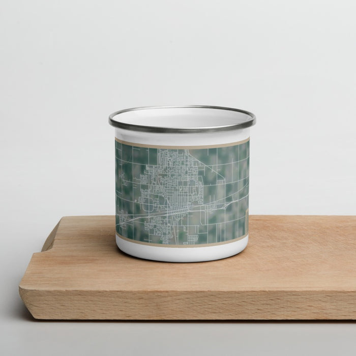 Front View Custom Hanford California Map Enamel Mug in Afternoon on Cutting Board