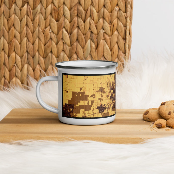 Left View Custom Hanford California Map Enamel Mug in Ember on Table Top