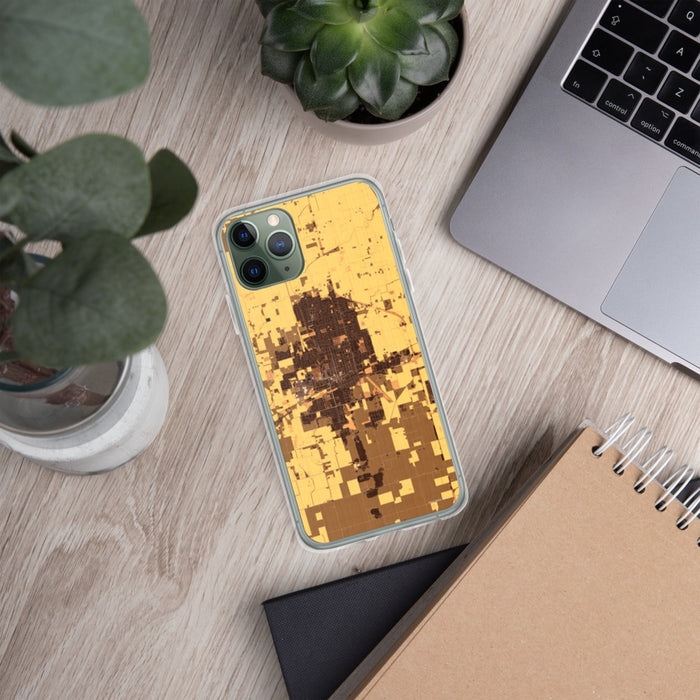 Custom Hanford California Map Phone Case in Ember on Table with Laptop and Plant