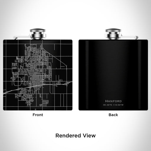 Rendered View of Hanford California Map Engraving on 6oz Stainless Steel Flask in Black
