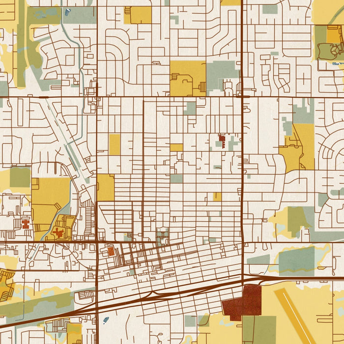 Hanford California Map Print in Woodblock Style Zoomed In Close Up Showing Details