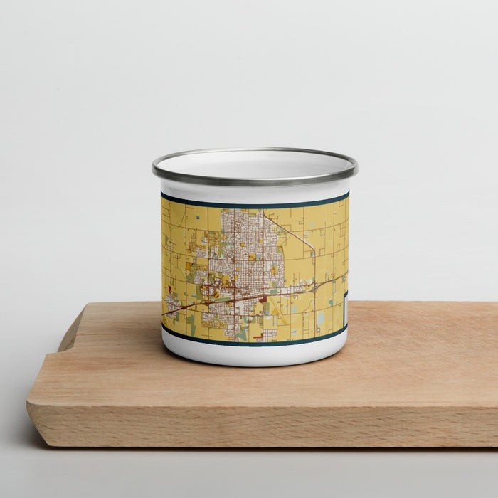 Front View Custom Hanford California Map Enamel Mug in Woodblock on Cutting Board