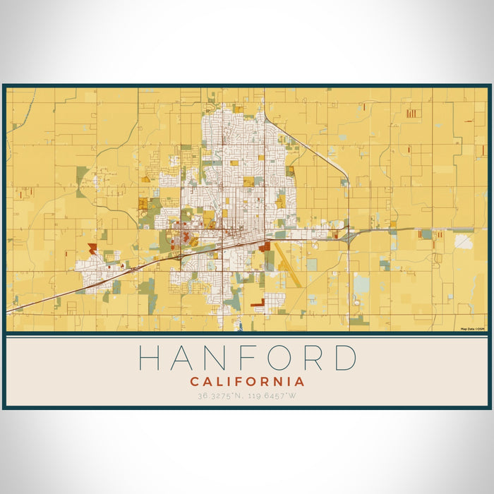 Hanford California Map Print Landscape Orientation in Woodblock Style With Shaded Background